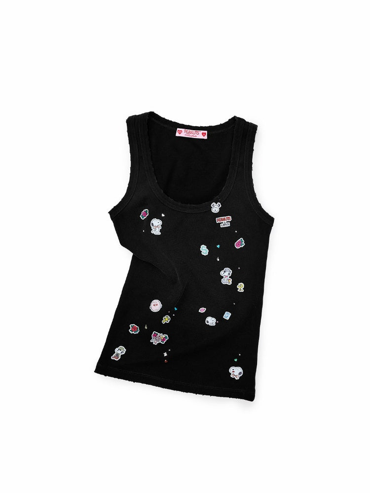 1JINN STUDIO x Snoopy Collaboration Vintage Sticker Printed Large U-neck Wide Strap Tight Tank Top【s0000018118】