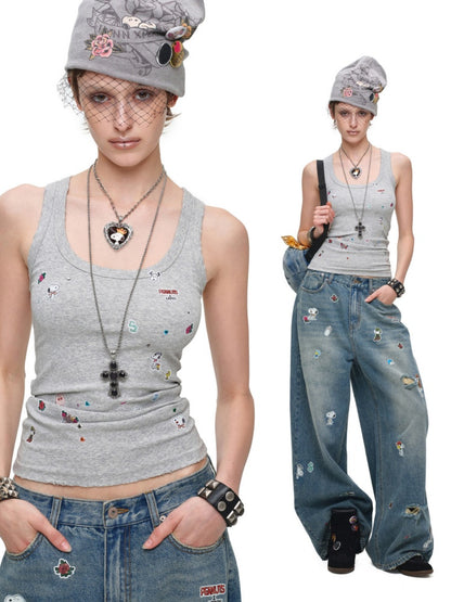 1JINN STUDIO x Snoopy Collaboration Vintage Sticker Printed Large U-neck Wide Strap Tight Tank Top【s0000018118】