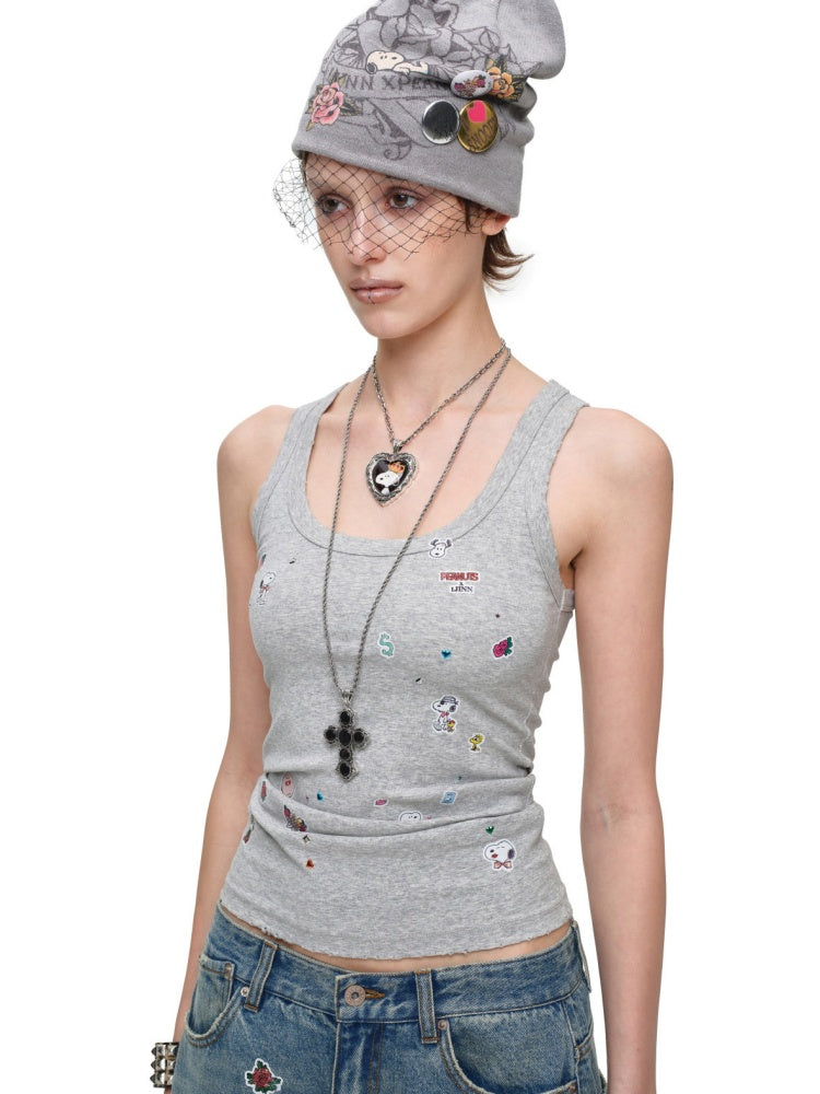 1JINN STUDIO x Snoopy Collaboration Vintage Sticker Printed Large U-neck Wide Strap Tight Tank Top【s0000018118】