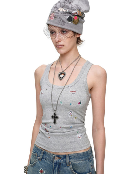 1JINN STUDIO x Snoopy Collaboration Vintage Sticker Printed Large U-neck Wide Strap Tight Tank Top【s0000018118】