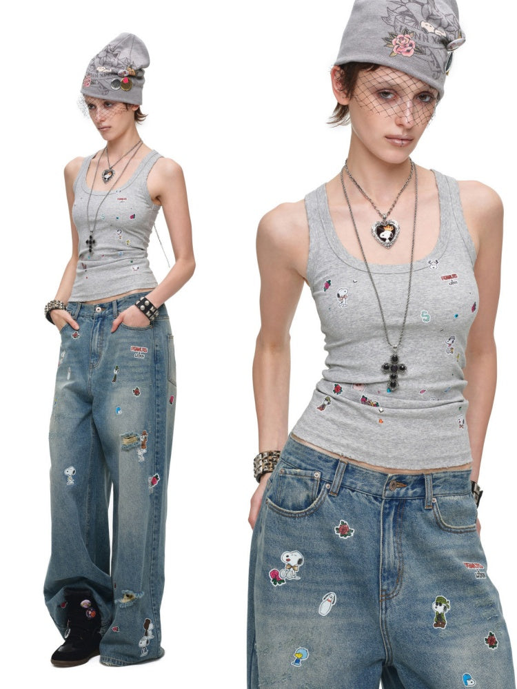 1JINN STUDIO x Snoopy Collaboration Vintage Sticker Printed Large U-neck Wide Strap Tight Tank Top【s0000018118】