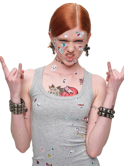 1JINN STUDIO x Snoopy Collaboration Vintage Sticker Printed Large U-neck Wide Strap Tight Tank Top【s0000018118】