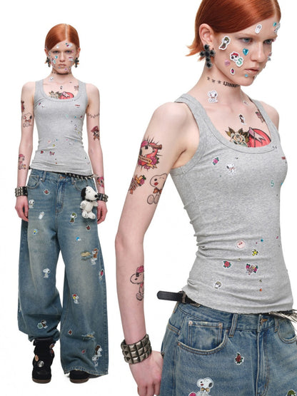 1JINN STUDIO x Snoopy Collaboration Vintage Sticker Printed Large U-neck Wide Strap Tight Tank Top【s0000018118】