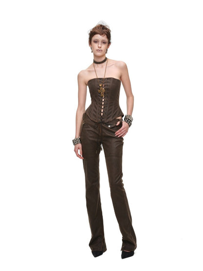 Vintage Washed Adjustable Strapless Hook Belt Waist Seal Double-Wear Herringbone Corset【s0000018119】