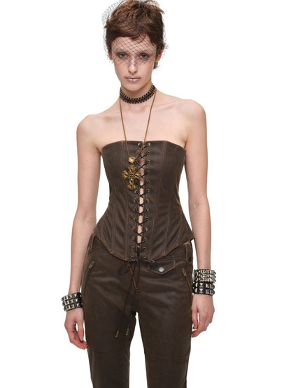 Vintage Washed Adjustable Strapless Hook Belt Waist Seal Double-Wear Herringbone Corset【s0000018119】