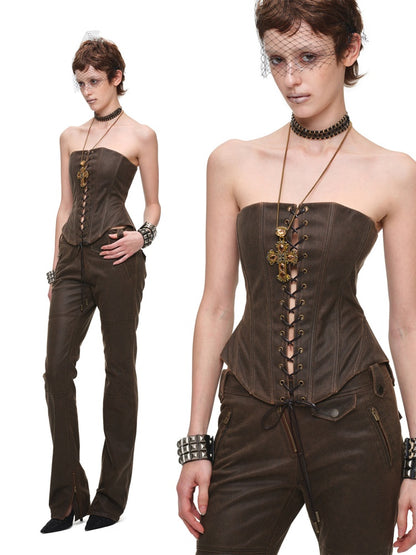 Vintage Washed Adjustable Strapless Hook Belt Waist Seal Double-Wear Herringbone Corset【s0000018119】