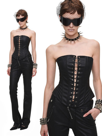 Vintage Washed Adjustable Strapless Hook Belt Waist Seal Double-Wear Herringbone Corset【s0000018119】