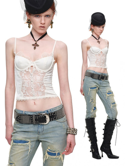 Vintage Lace Satin Waist-Cinching Sexy Sheer Fishbone Camisole Corset Top【s0000018120】