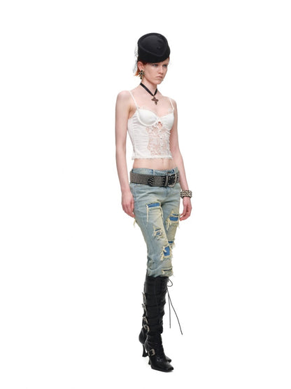 Vintage Lace Satin Waist-Cinching Sexy Sheer Fishbone Camisole Corset Top【s0000018120】