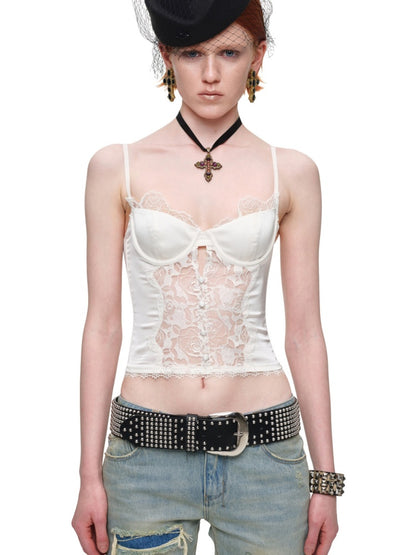 Vintage Lace Satin Waist-Cinching Sexy Sheer Fishbone Camisole Corset Top【s0000018120】