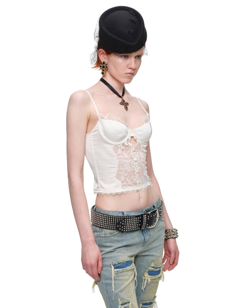 Vintage Lace Satin Waist-Cinching Sexy Sheer Fishbone Camisole Corset Top【s0000018120】