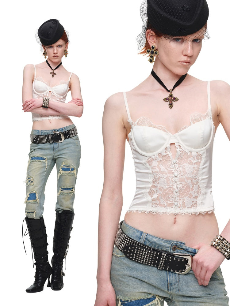 Vintage Lace Satin Waist-Cinching Sexy Sheer Fishbone Camisole Corset Top【s0000018120】