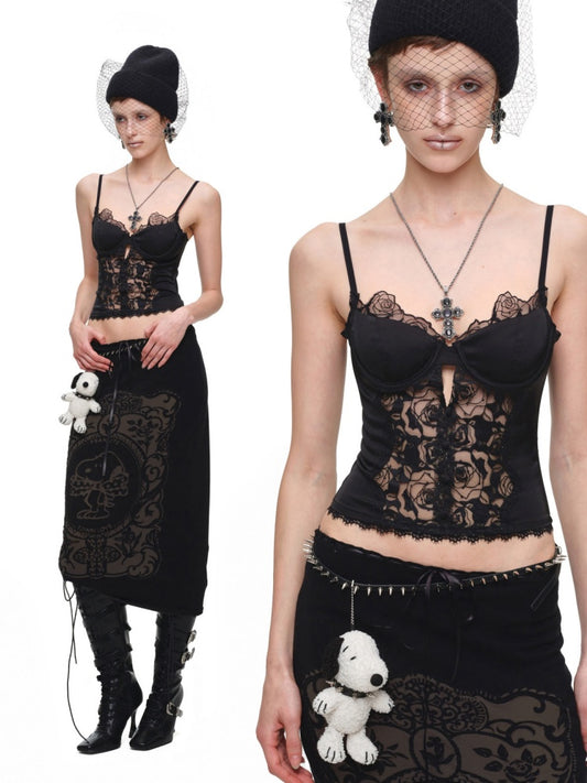 Vintage Lace Satin Waist-Cinching Sexy Sheer Fishbone Camisole Corset Top【s0000018120】