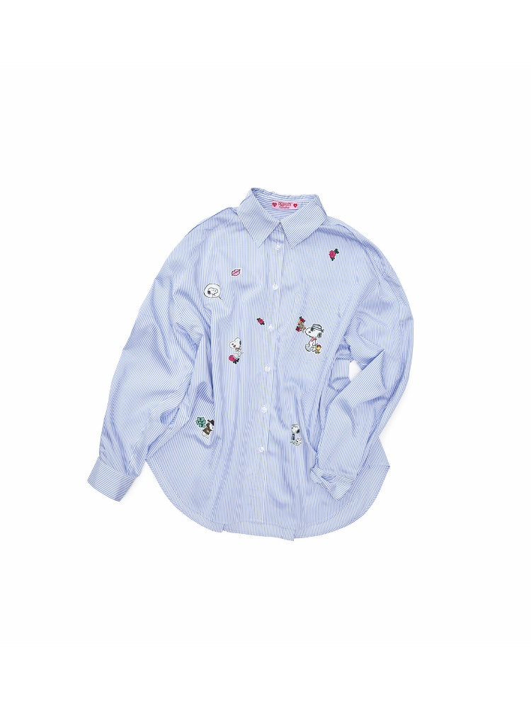 1JINN STUDIO × Snoopy Collaboration Sticker Print Loose Oversized Striped Shirt【s0000018121】