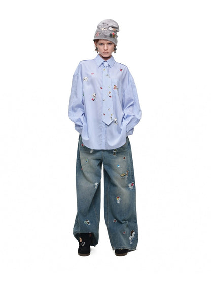 1JINN STUDIO × Snoopy Collaboration Sticker Print Loose Oversized Striped Shirt【s0000018121】