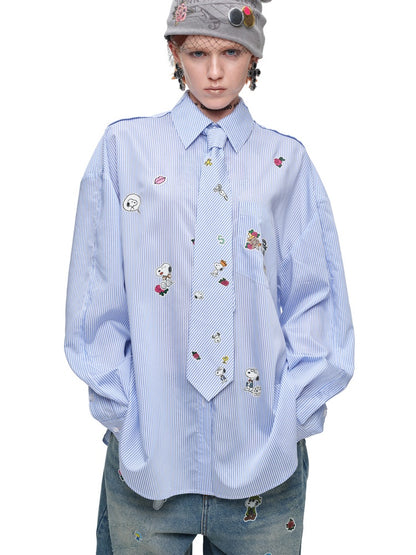 1JINN STUDIO × Snoopy Collaboration Sticker Print Loose Oversized Striped Shirt【s0000018121】