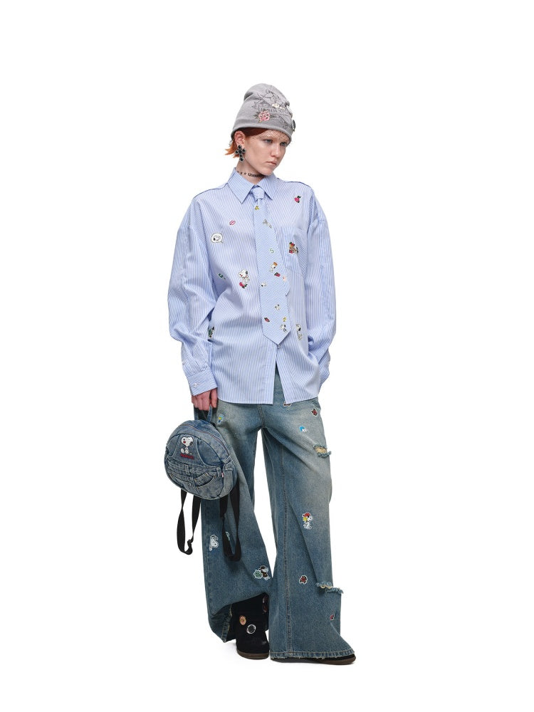 1JINN STUDIO × Snoopy Collaboration Sticker Print Loose Oversized Striped Shirt【s0000018121】