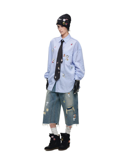 1JINN STUDIO × Snoopy Collaboration Sticker Print Loose Oversized Striped Shirt【s0000018121】