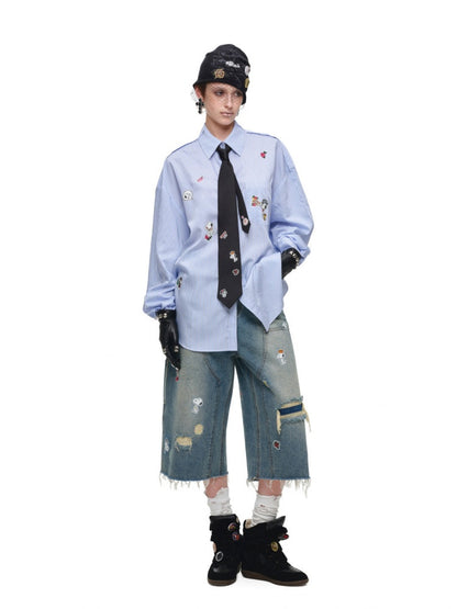 1JINN STUDIO × Snoopy Collaboration Sticker Print Loose Oversized Striped Shirt【s0000018121】
