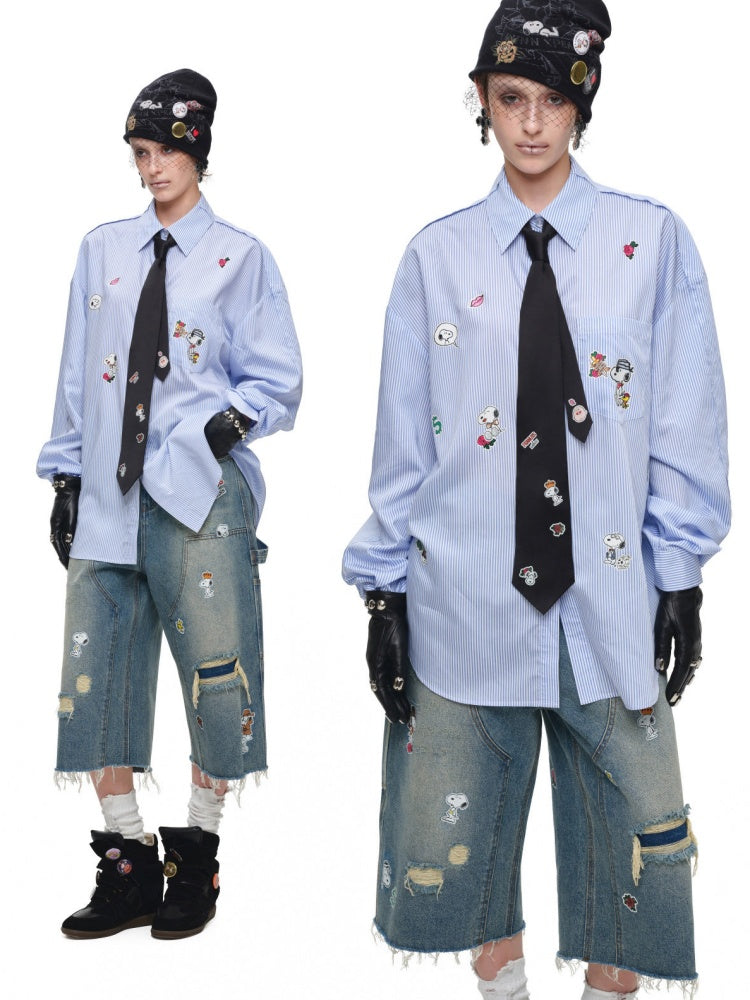 1JINN STUDIO × Snoopy Collaboration Sticker Print Loose Oversized Striped Shirt【s0000018121】