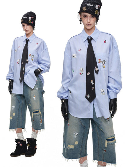1JINN STUDIO × Snoopy Collaboration Sticker Print Loose Oversized Striped Shirt【s0000018121】