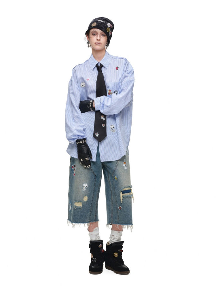 1JINN STUDIO × Snoopy Collaboration Sticker Print Loose Oversized Striped Shirt【s0000018121】