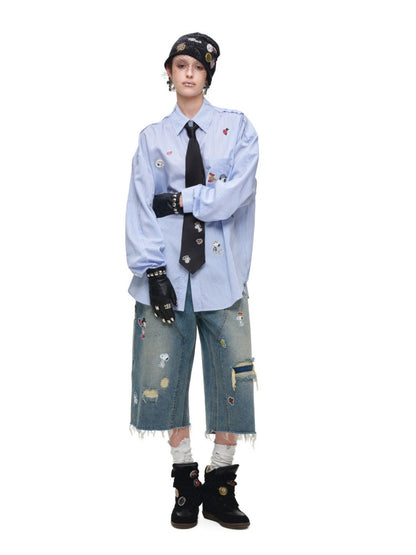 1JINN STUDIO × Snoopy Collaboration Sticker Print Loose Oversized Striped Shirt【s0000018121】