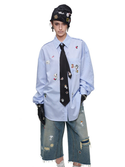1JINN STUDIO × Snoopy Collaboration Sticker Print Loose Oversized Striped Shirt【s0000018121】