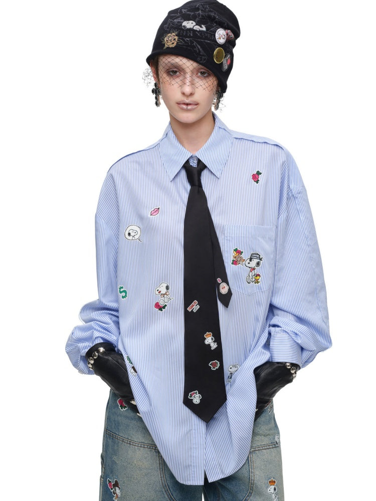 1JINN STUDIO × Snoopy Collaboration Sticker Print Loose Oversized Striped Shirt【s0000018121】