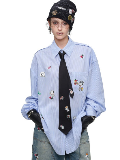 1JINN STUDIO × Snoopy Collaboration Sticker Print Loose Oversized Striped Shirt【s0000018121】