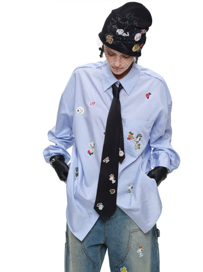 1JINN STUDIO × Snoopy Collaboration Sticker Print Loose Oversized Striped Shirt【s0000018121】