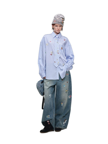 1JINN STUDIO × Snoopy Collaboration Sticker Print Loose Oversized Striped Shirt【s0000018121】