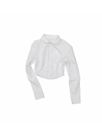 Doll Collar Embroidered Lace Short Waist-Cinching White Shirt【s0000018122】