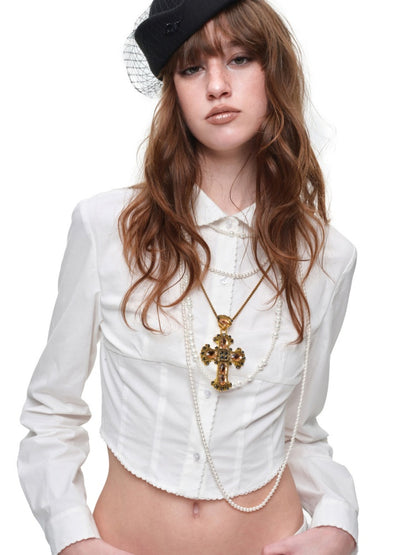 Doll Collar Embroidered Lace Short Waist-Cinching White Shirt【s0000018122】