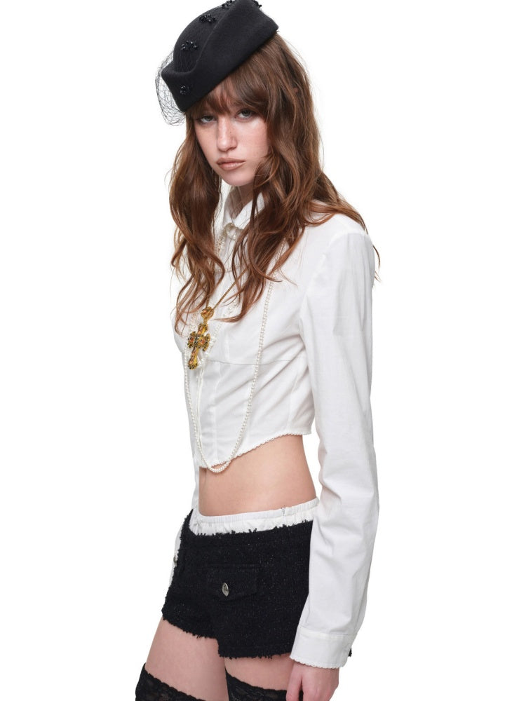 Doll Collar Embroidered Lace Short Waist-Cinching White Shirt【s0000018122】