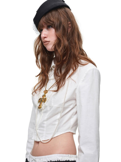 Doll Collar Embroidered Lace Short Waist-Cinching White Shirt【s0000018122】