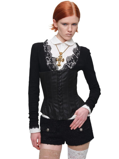 Doll Collar Embroidered Lace Short Waist-Cinching White Shirt【s0000018122】