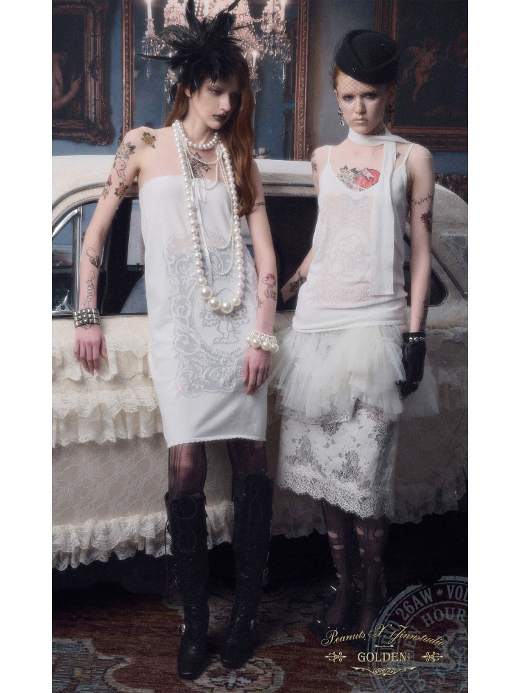 1JINN STUDIO x SNOOPY Collaboration Lace Appliqué Two-Piece Set Loose Casual Long-Sleeve T-Shirt【s0000018123】