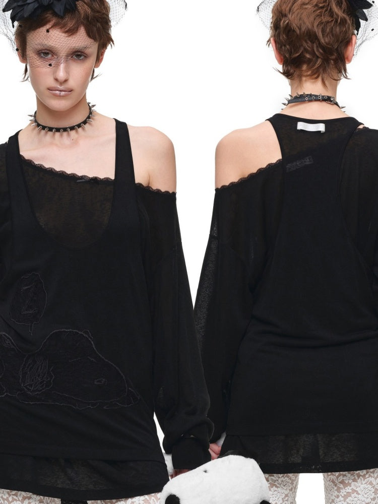 1JINN STUDIO x SNOOPY Collaboration Lace Appliqué Two-Piece Set Loose Casual Long-Sleeve T-Shirt【s0000018123】