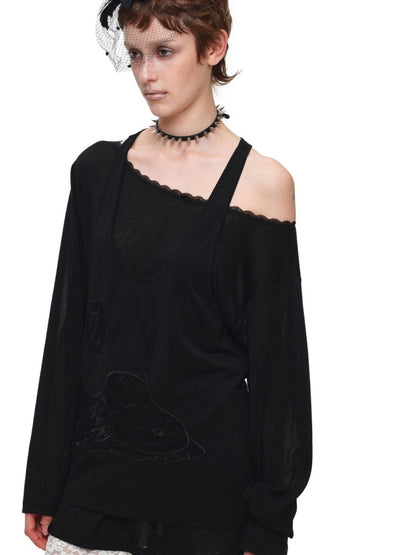 1JINN STUDIO x SNOOPY Collaboration Lace Appliqué Two-Piece Set Loose Casual Long-Sleeve T-Shirt【s0000018123】
