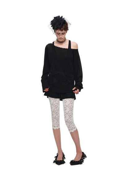 1JINN STUDIO x SNOOPY Collaboration Lace Appliqué Two-Piece Set Loose Casual Long-Sleeve T-Shirt【s0000018123】