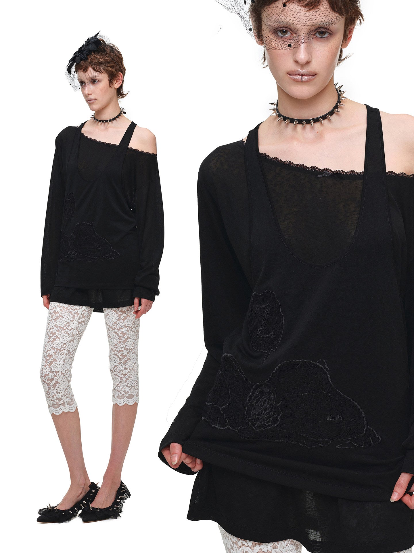 1JINN STUDIO x SNOOPY Collaboration Lace Appliqué Two-Piece Set Loose Casual Long-Sleeve T-Shirt【s0000018123】