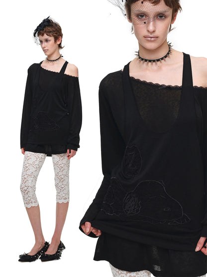 1JINN STUDIO x SNOOPY Collaboration Lace Appliqué Two-Piece Set Loose Casual Long-Sleeve T-Shirt【s0000018123】