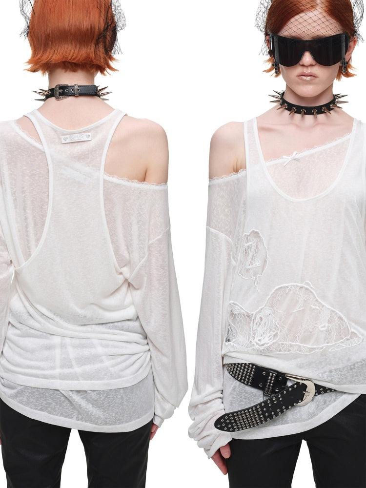 1JINN STUDIO x SNOOPY Collaboration Lace Appliqué Two-Piece Set Loose Casual Long-Sleeve T-Shirt【s0000018123】
