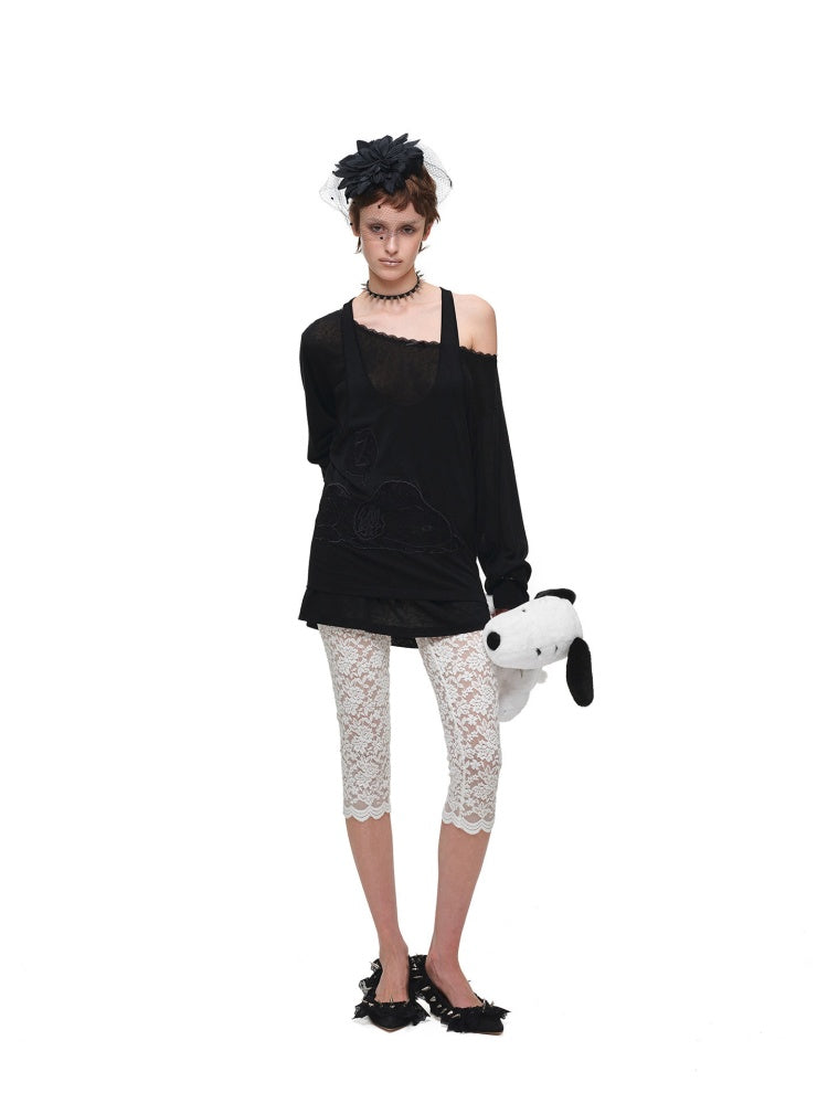 1JINN STUDIO x SNOOPY Collaboration Lace Appliqué Two-Piece Set Loose Casual Long-Sleeve T-Shirt【s0000018123】