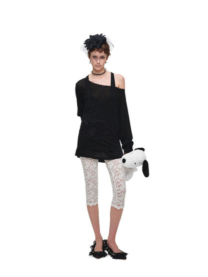 1JINN STUDIO x SNOOPY Collaboration Lace Appliqué Two-Piece Set Loose Casual Long-Sleeve T-Shirt【s0000018123】