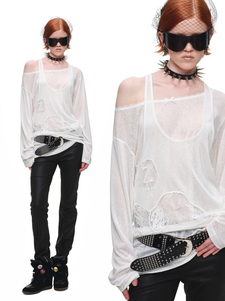1JINN STUDIO x SNOOPY Collaboration Lace Appliqué Two-Piece Set Loose Casual Long-Sleeve T-Shirt【s0000018123】