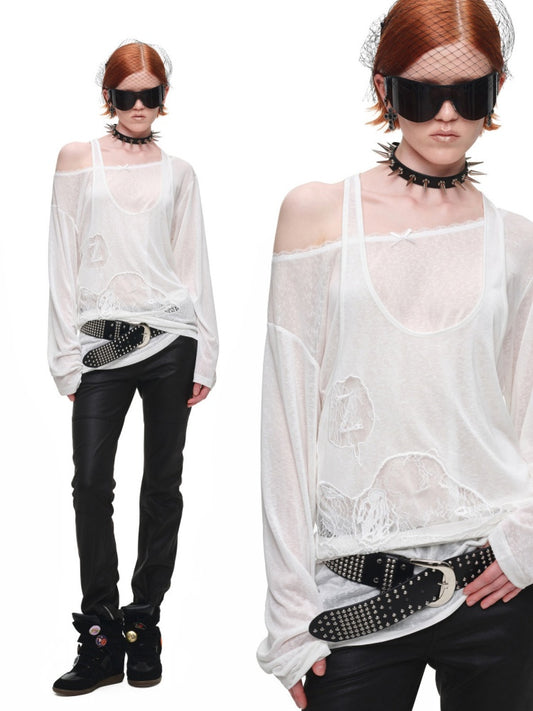 1JINN STUDIO x SNOOPY Collaboration Lace Appliqué Two-Piece Set Loose Casual Long-Sleeve T-Shirt【s0000018123】