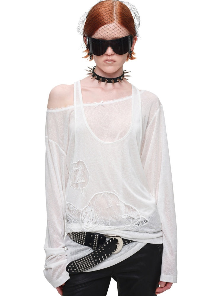 1JINN STUDIO x SNOOPY Collaboration Lace Appliqué Two-Piece Set Loose Casual Long-Sleeve T-Shirt【s0000018123】