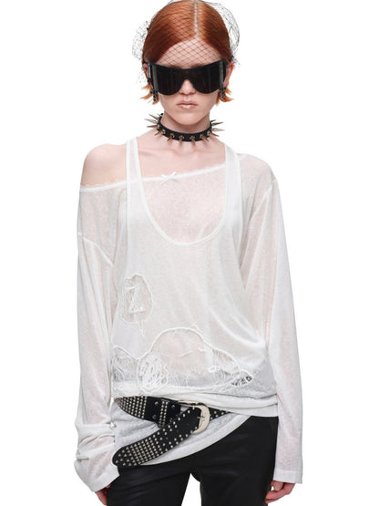 1JINN STUDIO x SNOOPY Collaboration Lace Appliqué Two-Piece Set Loose Casual Long-Sleeve T-Shirt【s0000018123】
